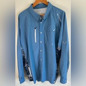 True Timber Men’s Fishing Shirt Sz XL Blue Camo Panels Performance Stretch Vent